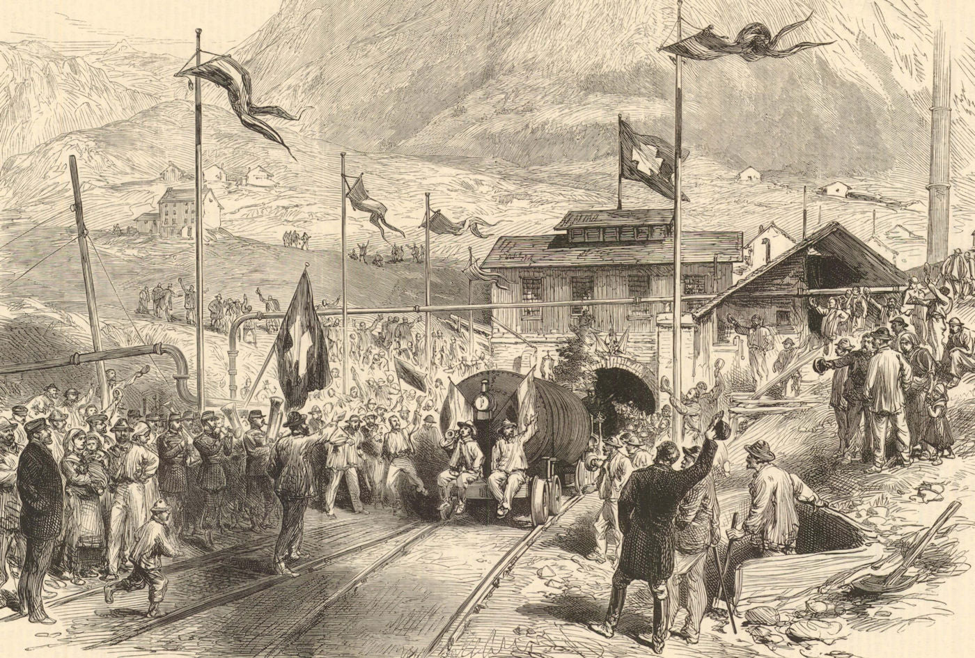 St Gotthard Tunnel completion: First train arriving at Airolo 1880 old print